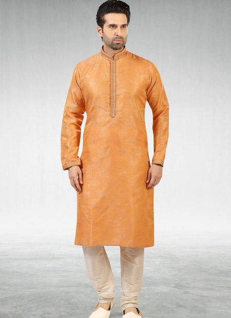 Orange Outluk New Latest Design Jacquard Silk Brocade Party Wear Kurta Pajama Mens Collection 1224-1028